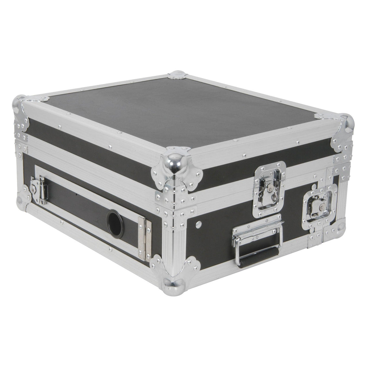 The Citronic Rack Case 6U + 3U for Mixer/Player features a black and silver rectangular design with metal reinforcements, equipped with handles and secure latches. It is expertly crafted to transport and protect delicate equipment such as 19" mixers.