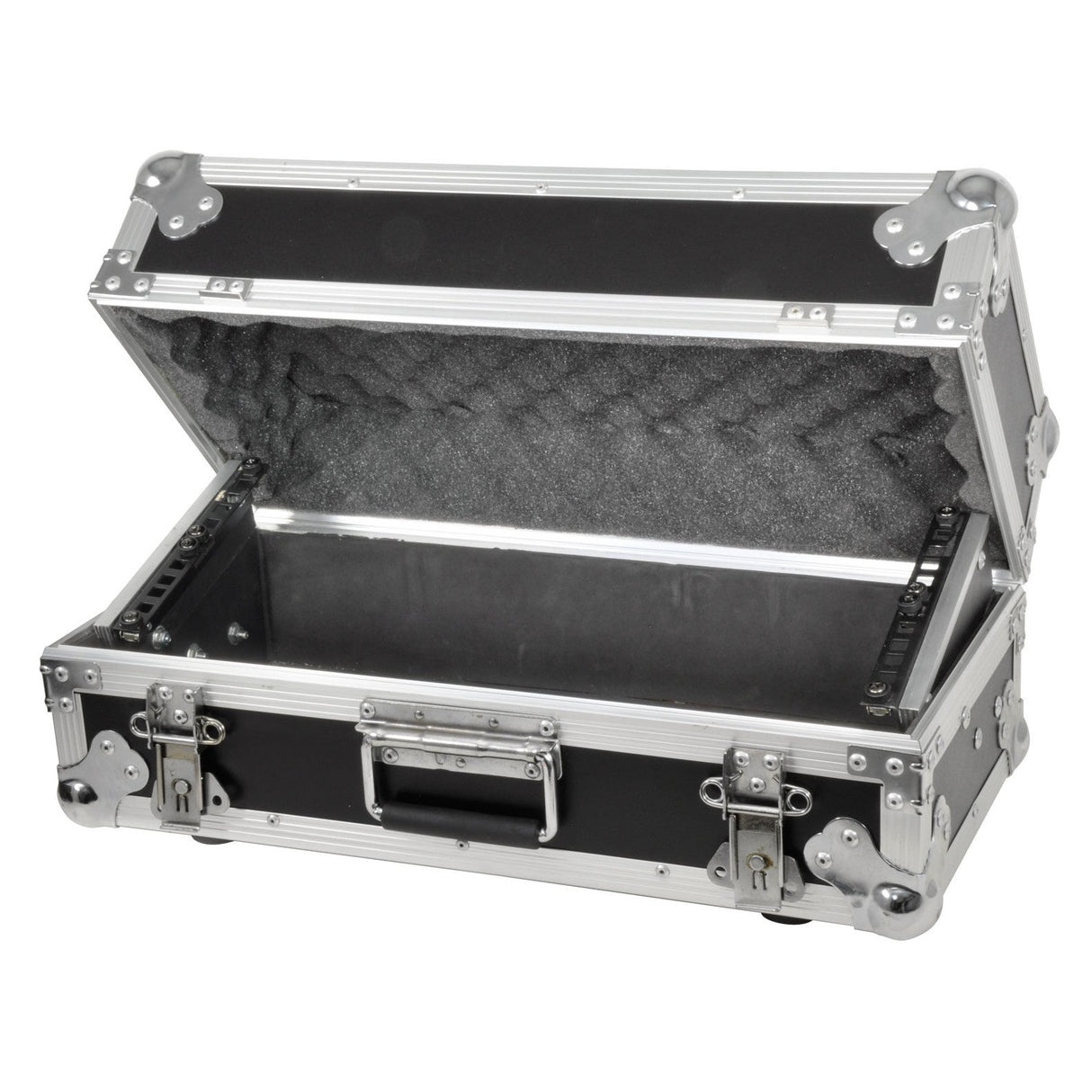 The Citronic Tilting 4U Rack Case for Mixer/Media Player is an open black and silver carrying case with metal edges and a foam interior lining, specifically designed for storing media players. It includes a removable lid, secure clasps, and a sturdy front handle.
