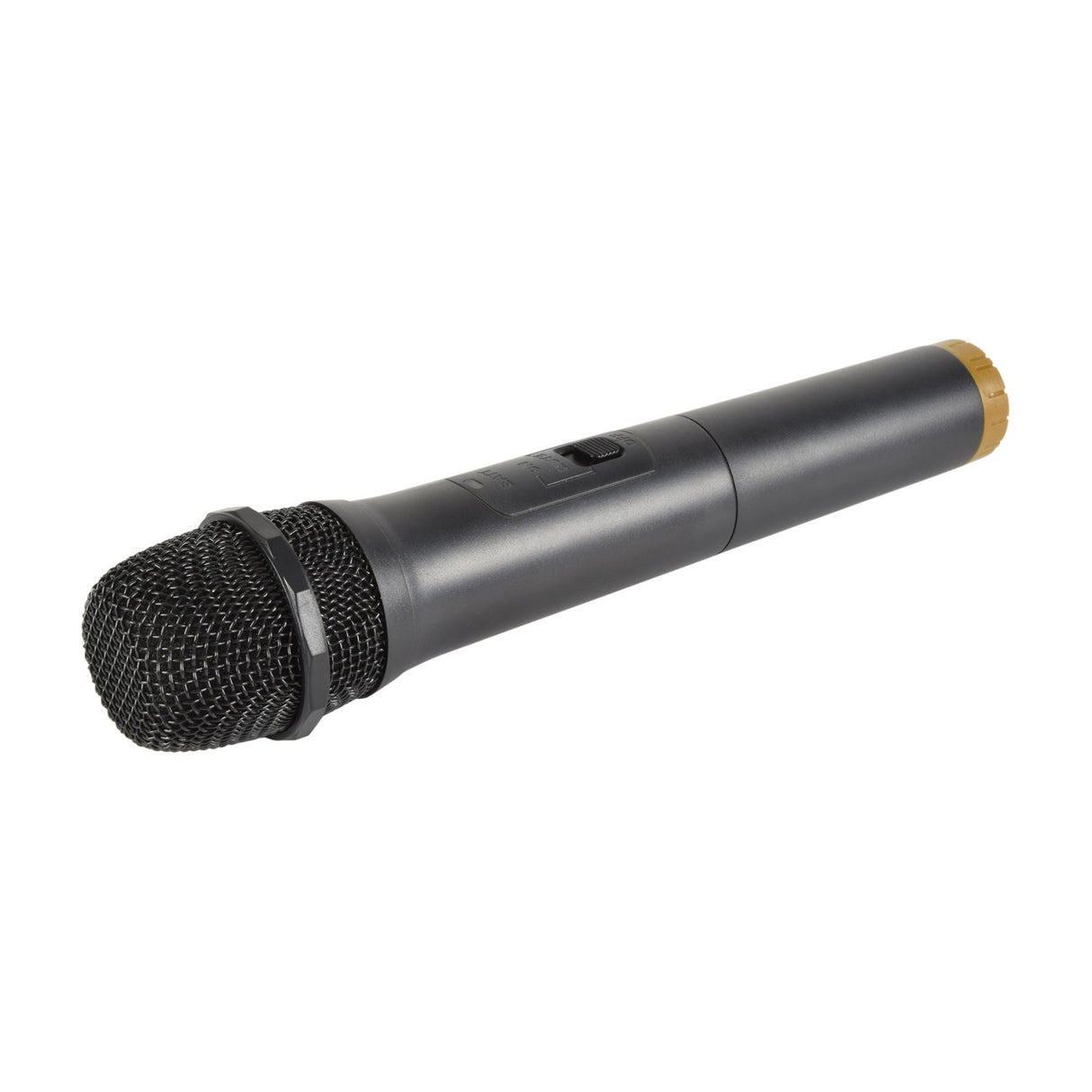 QTX U-MIC UHF wireless handheld microphone with dark grey body, gold end cap, black mesh grille and side power switch on a white background.
