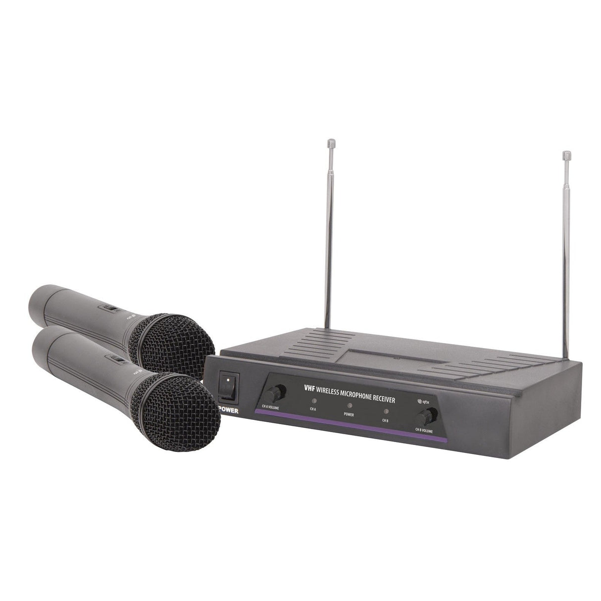 The QTX Dual Handheld Microphone VHF Wireless System (173.8 + 174.8 MHz) offers a dual-channel receiver set with two handheld mics, a black rectangular body, two antennas, and various front panel controls for seamless, license-free operation.