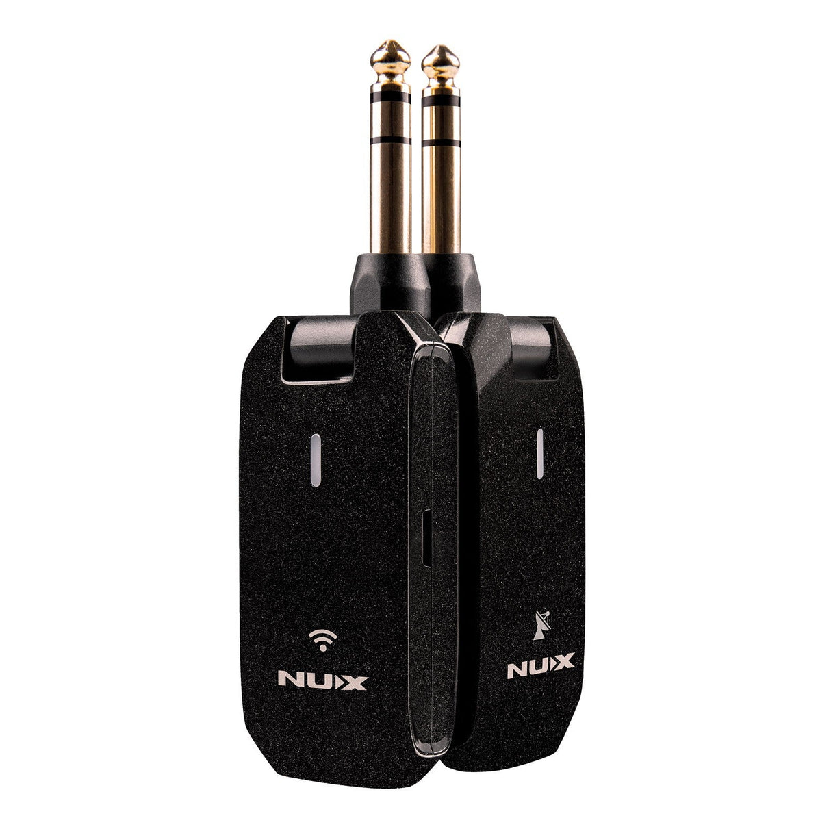 Introducing the NU-X C-5RC Rechargeable Guitar Bug Set 5.8GHz, a wireless system that includes a rechargeable transmitter and receiver set equipped with two 1/4-inch plugs. The black units feature LED indicators and prominently display the NUX brand, ensuring seamless audio transmission between your instruments and amplifiers.