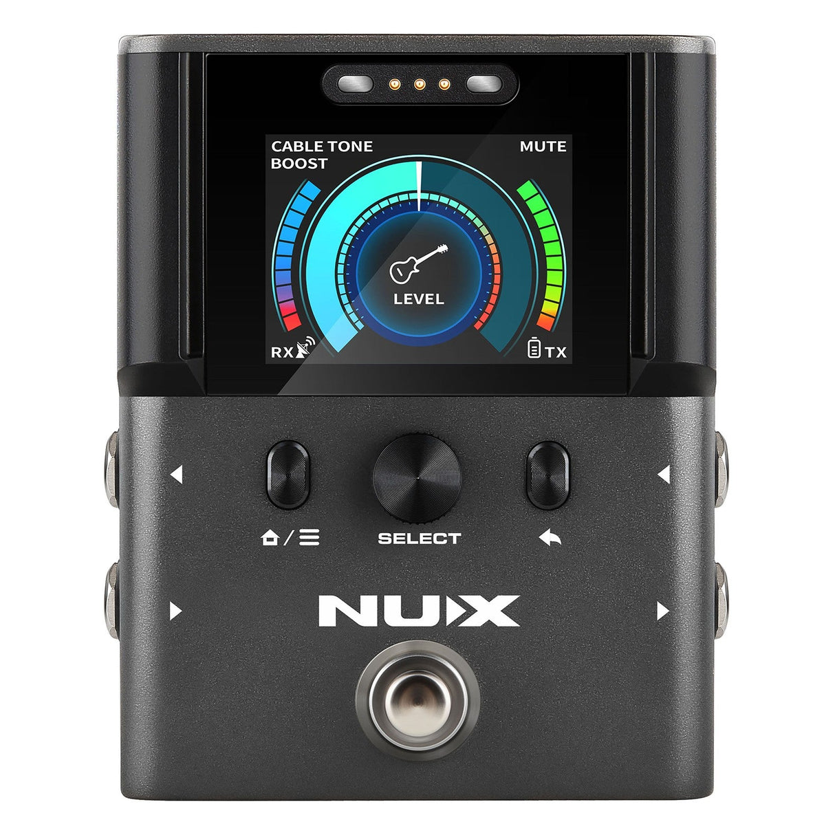 The NU-X B-8 Instrument Pedal Wireless System 2.4GHz features a digital display with vibrant tuning information, colorful gauges, and level icons. Its compact design includes a metallic finish and circular footswitch. It also provides exceptional 48kHz 24-bit digital precision for outstanding accuracy in any musician's setup.