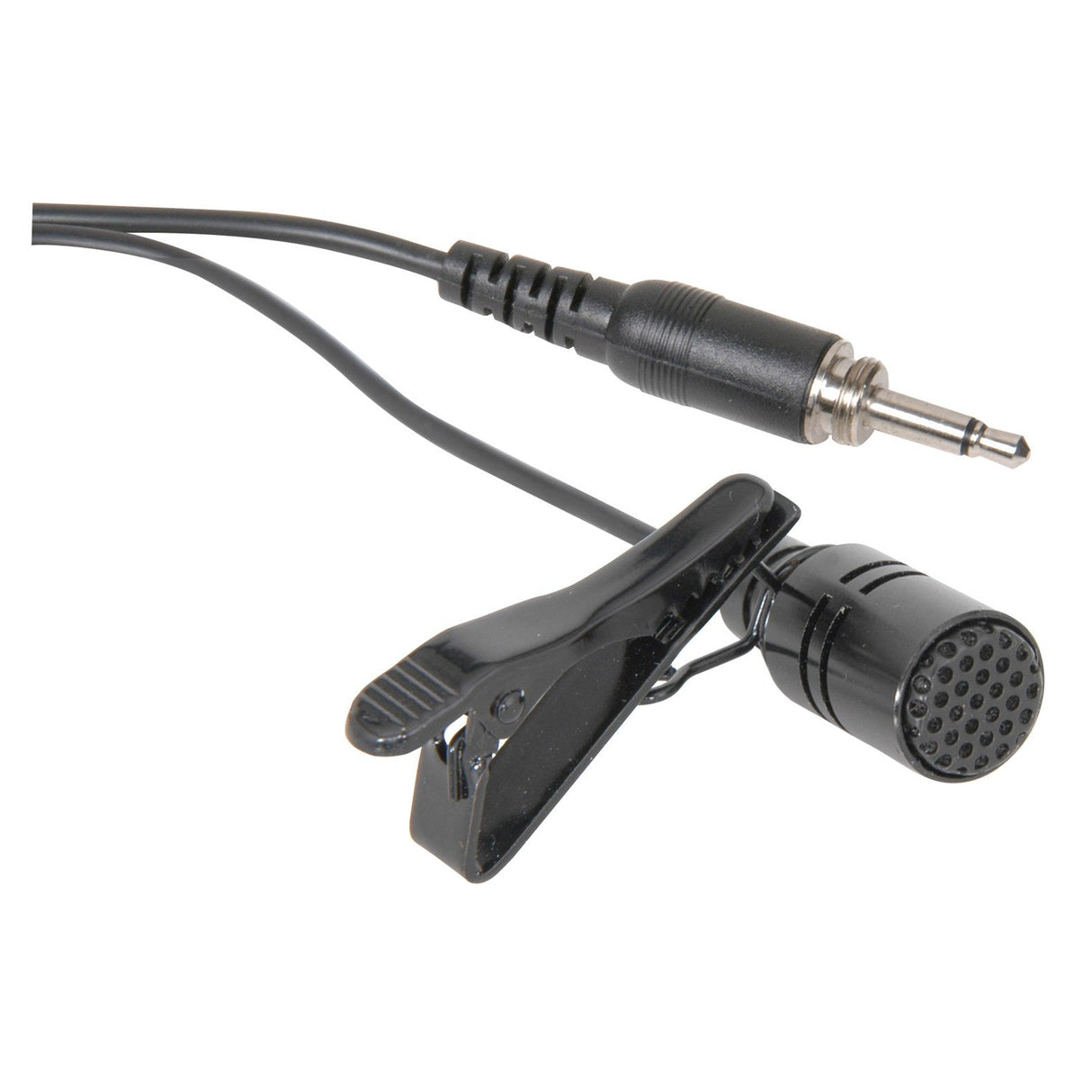 Introducing the Chord LM-35 Cardioid Lavalier Tie Clip Microphone—a stylish black microphone equipped with a 3.5mm audio jack and cable. It includes a compact clip for effortless attachment to clothing, making it ideal for capturing clear audio in any environment.
