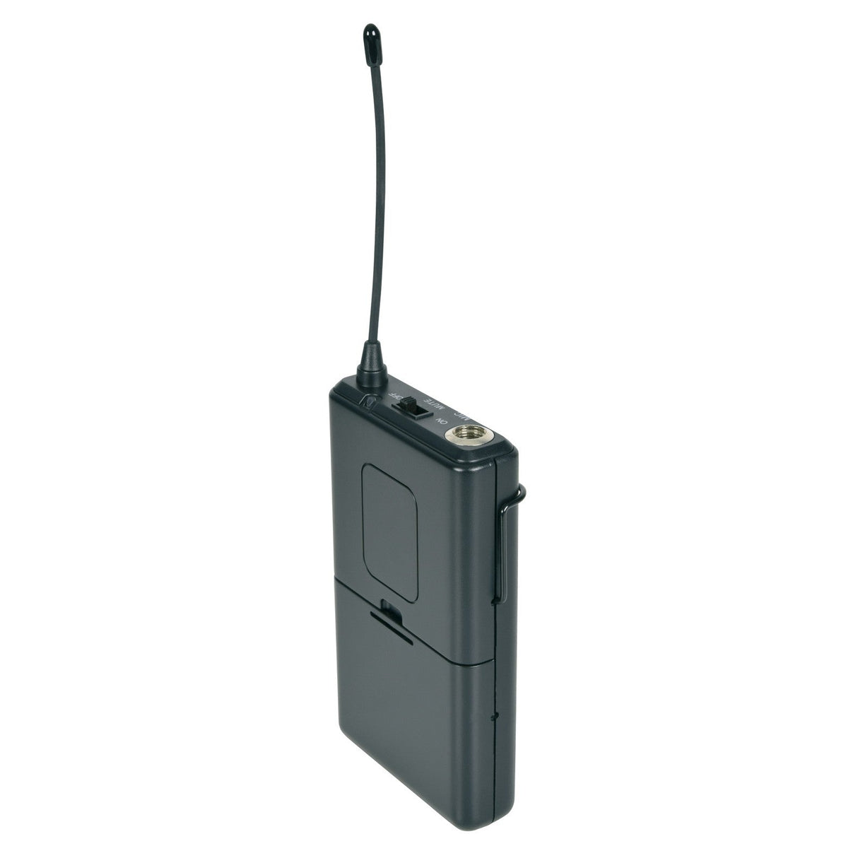 The Chord NU20 Beltpack Transmitter 864.8MHz in black features a long, upright flexible antenna, top buttons and input jack, delivering wireless microphone transmission and compatibility with lavalier mics.