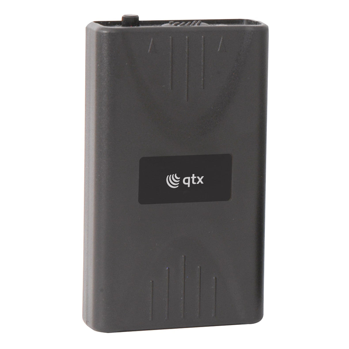 The QTX Bodypack Transmitter 173.8MHz is a black, rectangular wireless VHF device labeled QTX systems, with a small front switch and textured lines for easy operation.