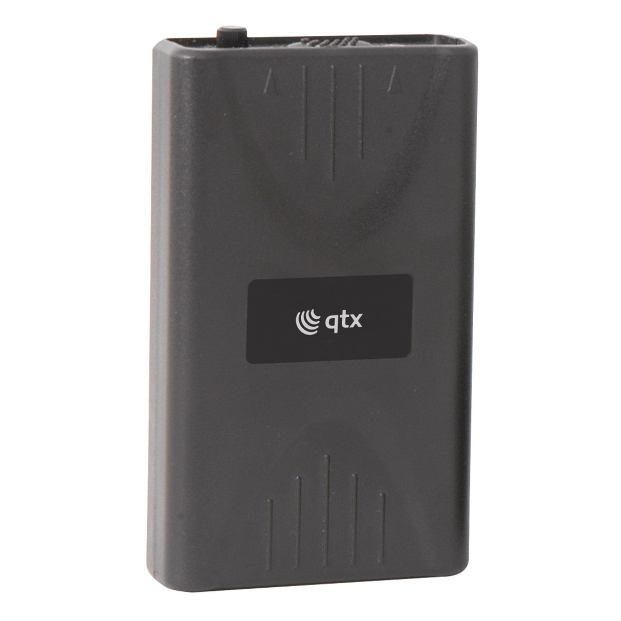 A rectangular black QTX Bodypack Transmitter 174.1MHz features a small white QTX logo on the front, rounded edges, and vertical grip grooves. Designed for QTX VHF wireless systems as a replacement battery pack.