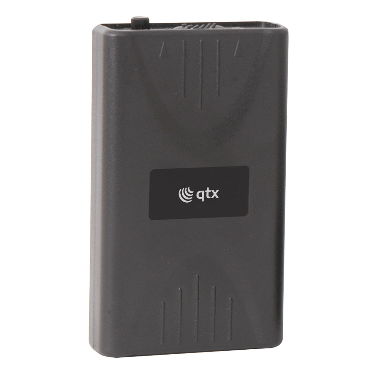 A black rectangular QTX Bodypack Transmitter 174.5MHz, designed for VHF wireless systems, with a textured surface and a small central front label.