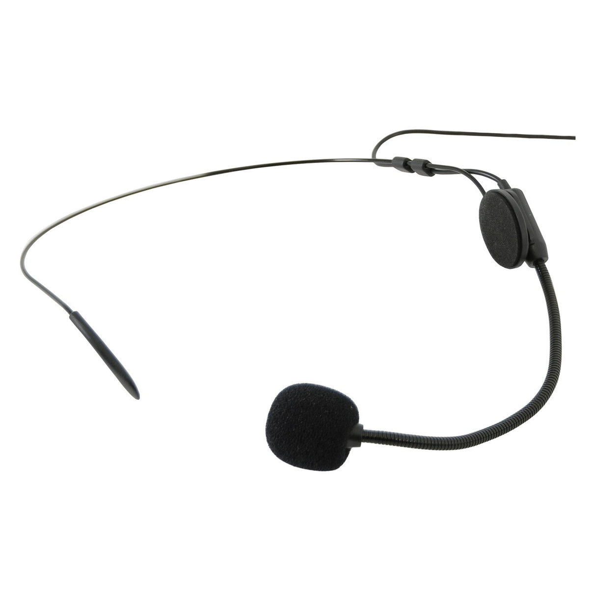 The Chord Lightweight Cardioid Neckband Microphone is a black headset with a thin wire frame, featuring a foam-covered microphone on a flexible boom. Its foam-covered earpiece provides secure comfort for presentations or speaking engagements.