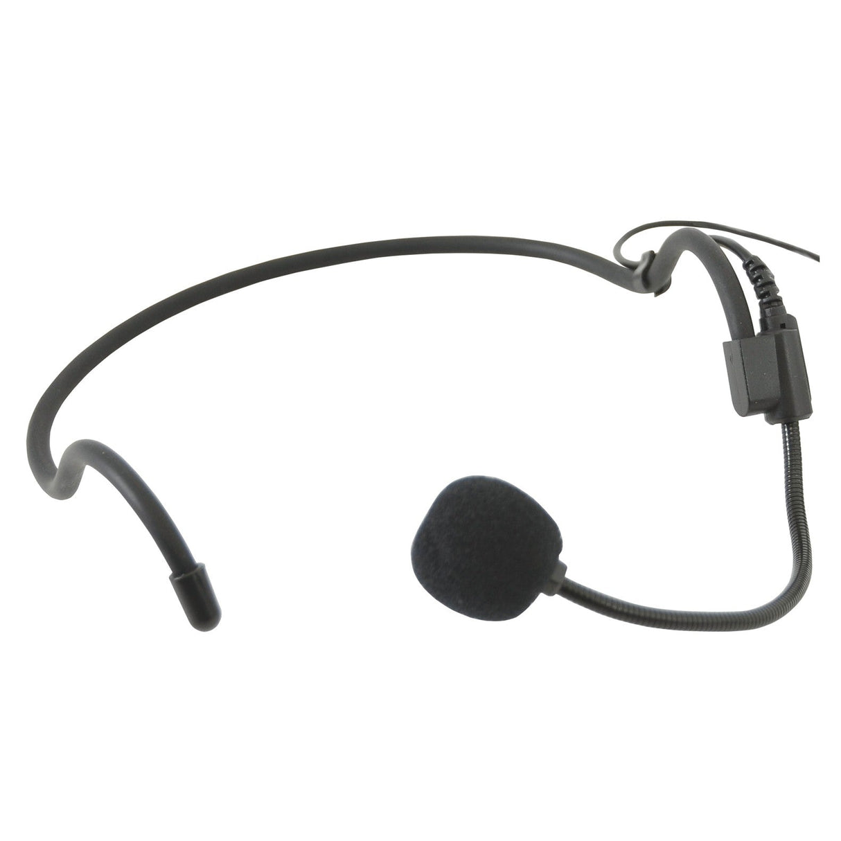 The Chord Heavy Duty Cardioid Neckband Microphone is a black neckband headset with an adjustable headband and flexible boom arm, featuring a cardioid condenser capsule. It's equipped with a foam windscreen, making it perfect for hands-free communication or presentations.