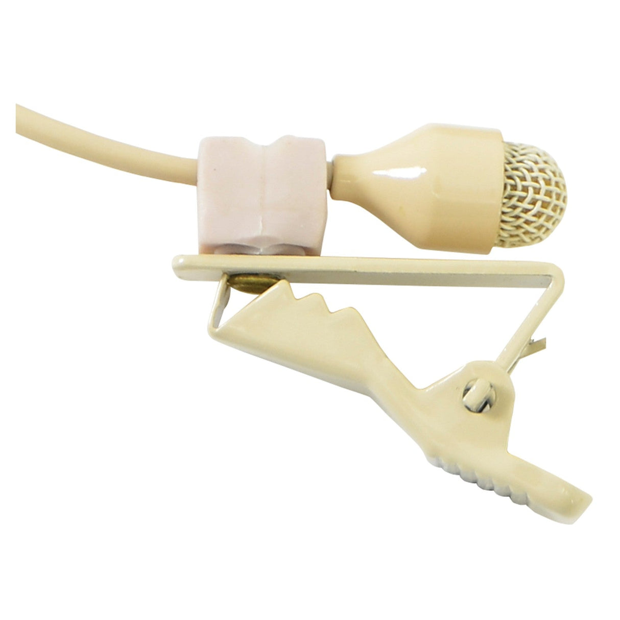 Close-up of the Chord DLM-35 Discreet Omni-Directional Lavalier Tie Clip Microphone in beige, featuring a clip attachment. This condenser mic has a small, round mesh head and a flexible connector, designed for easy attachment to clothing for hands-free use with VHF and UHF beltpack transmitters.