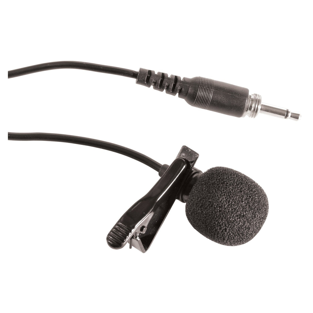 The Chord SLM-35 Premium Cardioid Lavalier Tie Clip Microphone is a sleek black microphone featuring a foam windscreen, an attached cable, and a 3.5mm audio jack, making it perfect for seamless integration with beltpac transmitters.