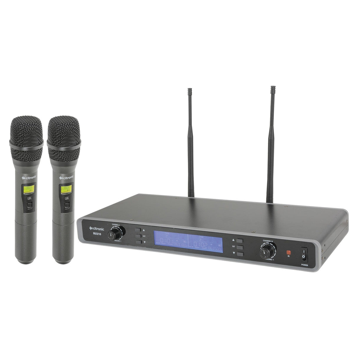 Introducing the Citronic RU210-H Dual Multi-Uhf Handheld System: This cutting-edge wireless microphone system operates on UHF frequencies and includes two handheld microphones. It features a sleek black receiver equipped with dual antennas, a digital display, multiple control knobs and buttons, plus rack-mounting accessories for seamless integration.