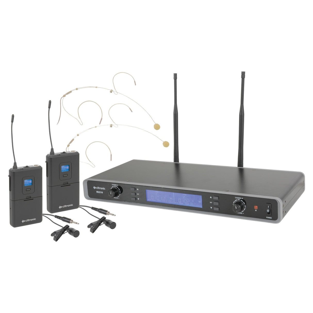 Introducing the Citronic RU210-N Dual Multi-UHF Neckband/Lavalier System, complete with two beltpack transmitters, two lapel microphones, and two headset microphones. The system features a receiver equipped with antennas and a digital display complemented by control knobs, along with rack-mounting accessories for convenient installation.