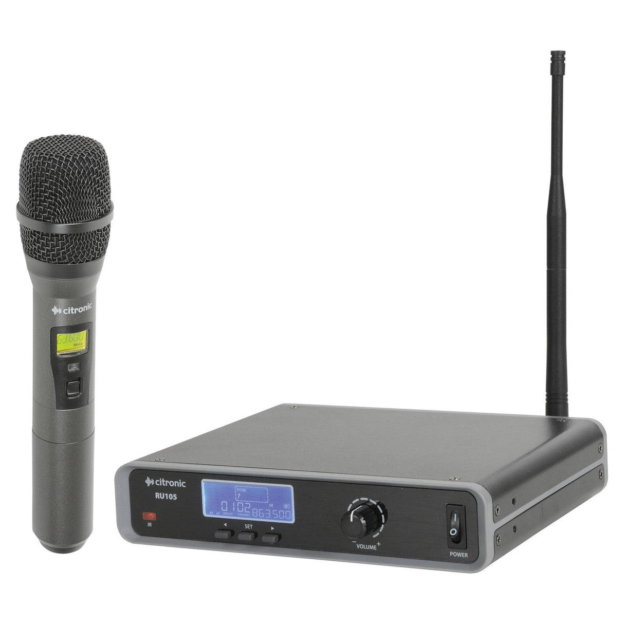 The Citronic RU105-H Multi-UHF Handheld System is a wireless microphone system featuring a handheld microphone and receiver, both operating on UHF frequencies for licence-free use. The microphone comes with a digital display and power button, while the receiver includes a volume knob, antenna, and digital display for seamless operation.