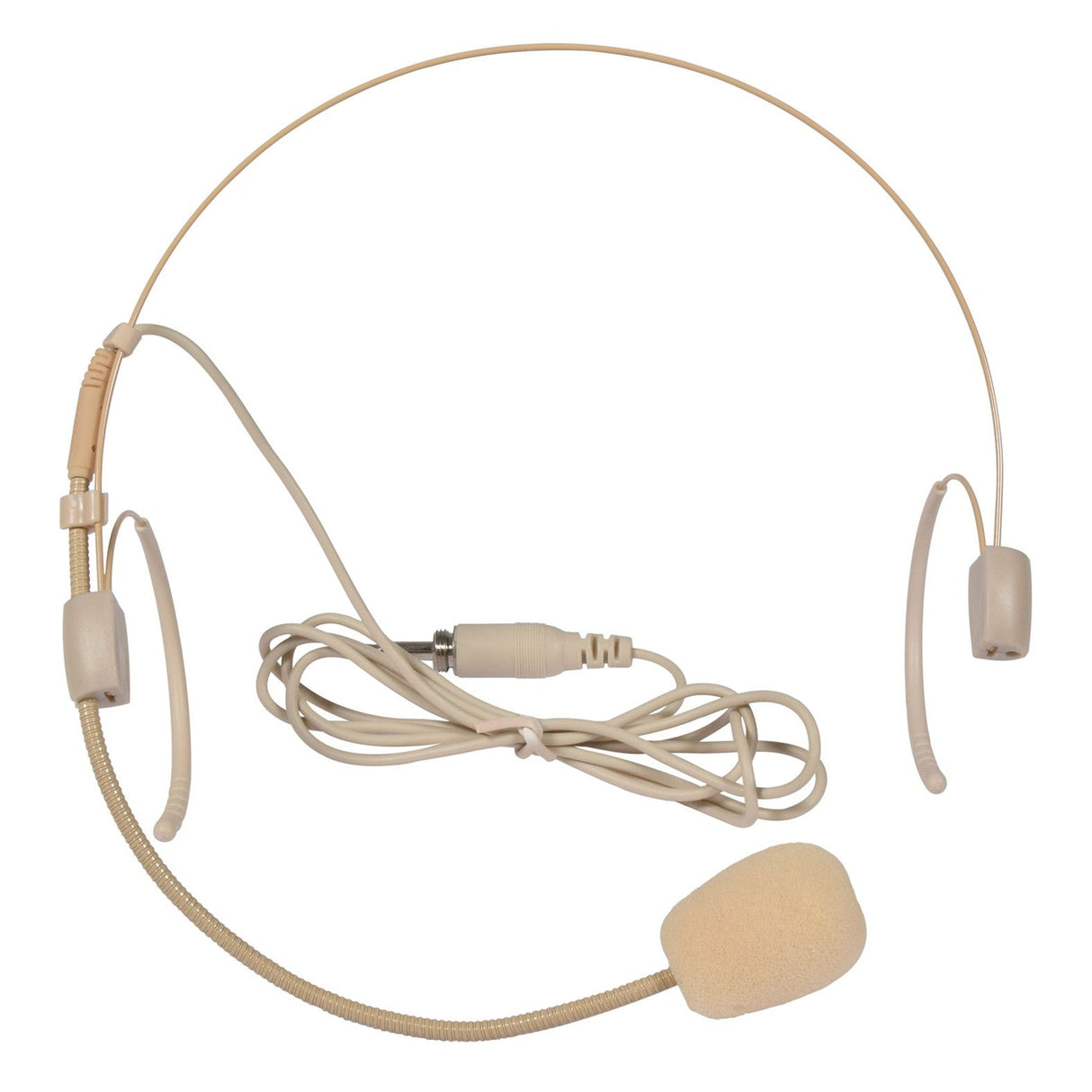 Introducing the Chord Flexible Cardioid Neckband Microphone in beige, featuring a thin headband and a flexible boom mic. It comes with a foam windscreen for superior sound quality, along with a coiled cord and plug for easy connectivity, making it compatible with most bodypack transmitters.