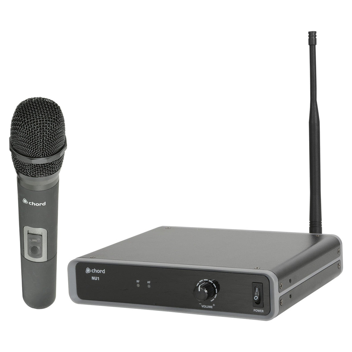 The Chord UHF Wireless Beltpack Microphone System - 863.1MHz offers a licence-free operation and includes a sleek black receiver unit equipped with a digital display, volume knob, power switch, antenna, and UHF handheld transmitter.