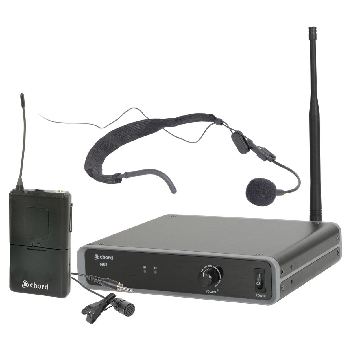 The Chord UHF Wireless Beltpack Microphone System - 864.1MHz includes a UHF beltpack transmitter, headset and lavalier microphones, along with a receiver unit. The headset features an adjustable band for comfort, while the receiver is equipped with a volume knob and power button. Additionally, rack-mounting accessories are available for easy setup.