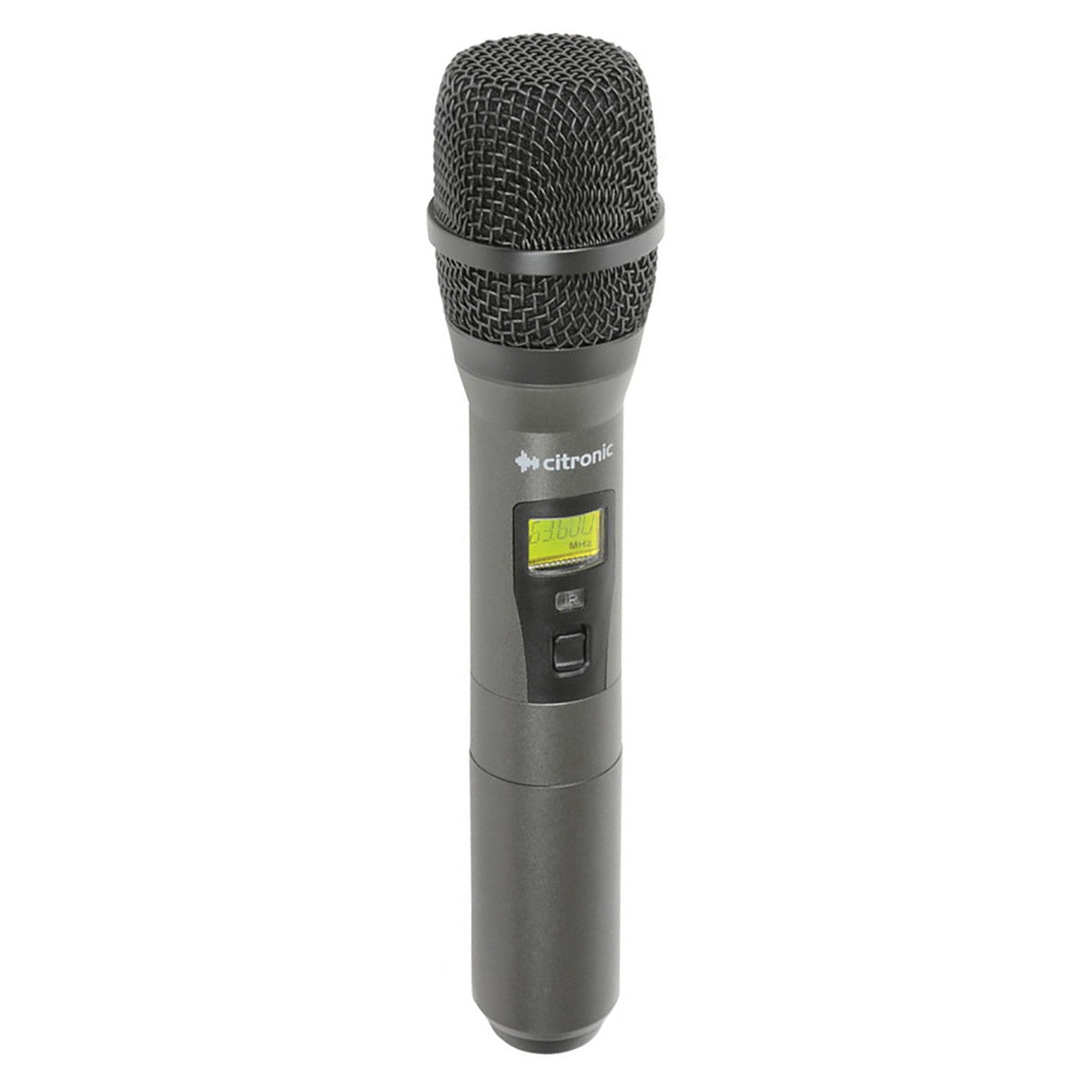 The Citronic Handheld Microphone For RU105 & RU210 is a black microphone that includes a small display screen and an on/off switch on its body. It features a dynamic capsule and mesh grille, with the Citronic brand clearly visible on the handle to indicate its compatibility with Citronic wireless systems. The background is plain white.