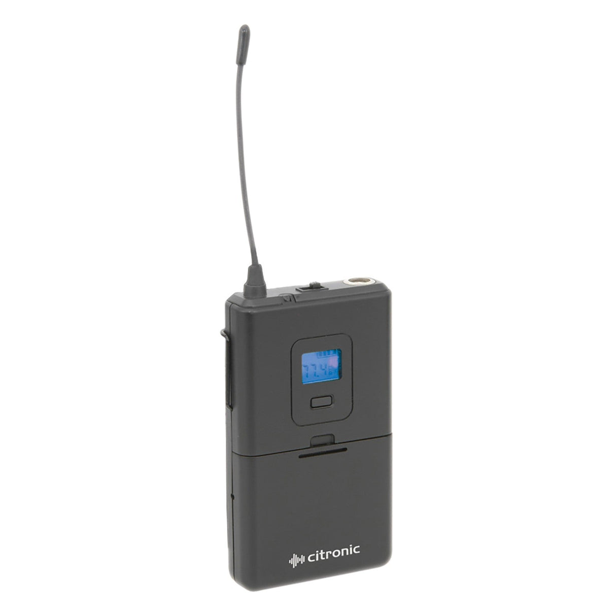 A black Citronic Beltpack Transmitter for RU105 & RU210 with digital display and antenna stands upright on a white background—perfect for wireless setups with adjustable carrier frequency.