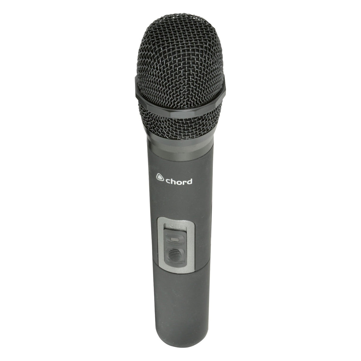 The Chord Handheld Microphone 863.1MHz for NU1 is a sleek black wireless microphone featuring a dynamic capsule, a mesh grille, and a handle with a switch, all proudly displaying the Chord logo. It stands upright against a white background.