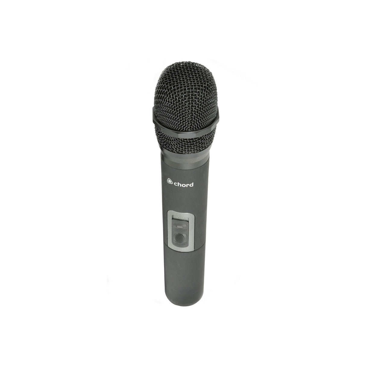 The Chord Handheld Microphone 864.1MHz for NU1 is a black handheld microphone with a metal grill on top and the Chord brand logo on its body. It includes a power switch, making it an ideal handheld transmitter. Against a plain white background, this sleek device is ready to pair with wireless receivers.