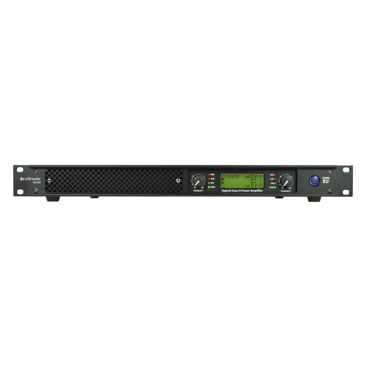 Front view of the Citronic H2400 Hybrid Amplifier 2x900W @ 4ohm in black, showcasing a gridded ventilation section, multiple control knobs, a digital display, and a power button. The Citronic brand is visible on the left side, indicating its class-H architecture for efficient sound reinforcement.
