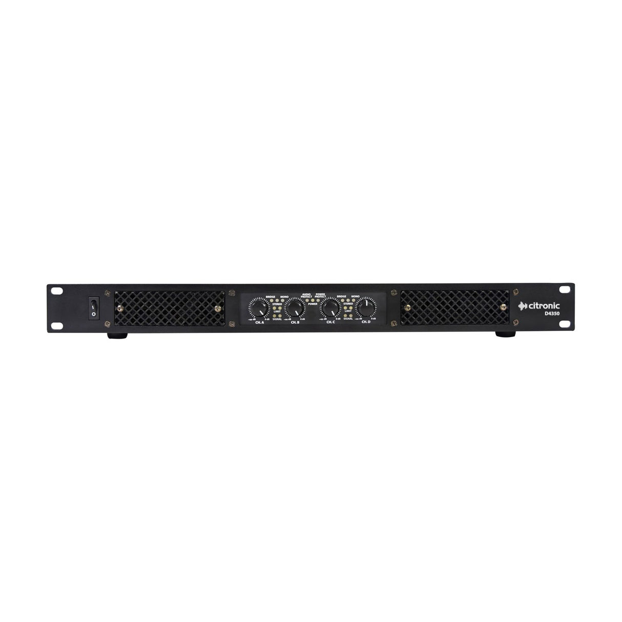 Citronic D4350 1U rack-mount quad power amplifier with four channel knobs, ventilation grilles and power switch on a black front panel.