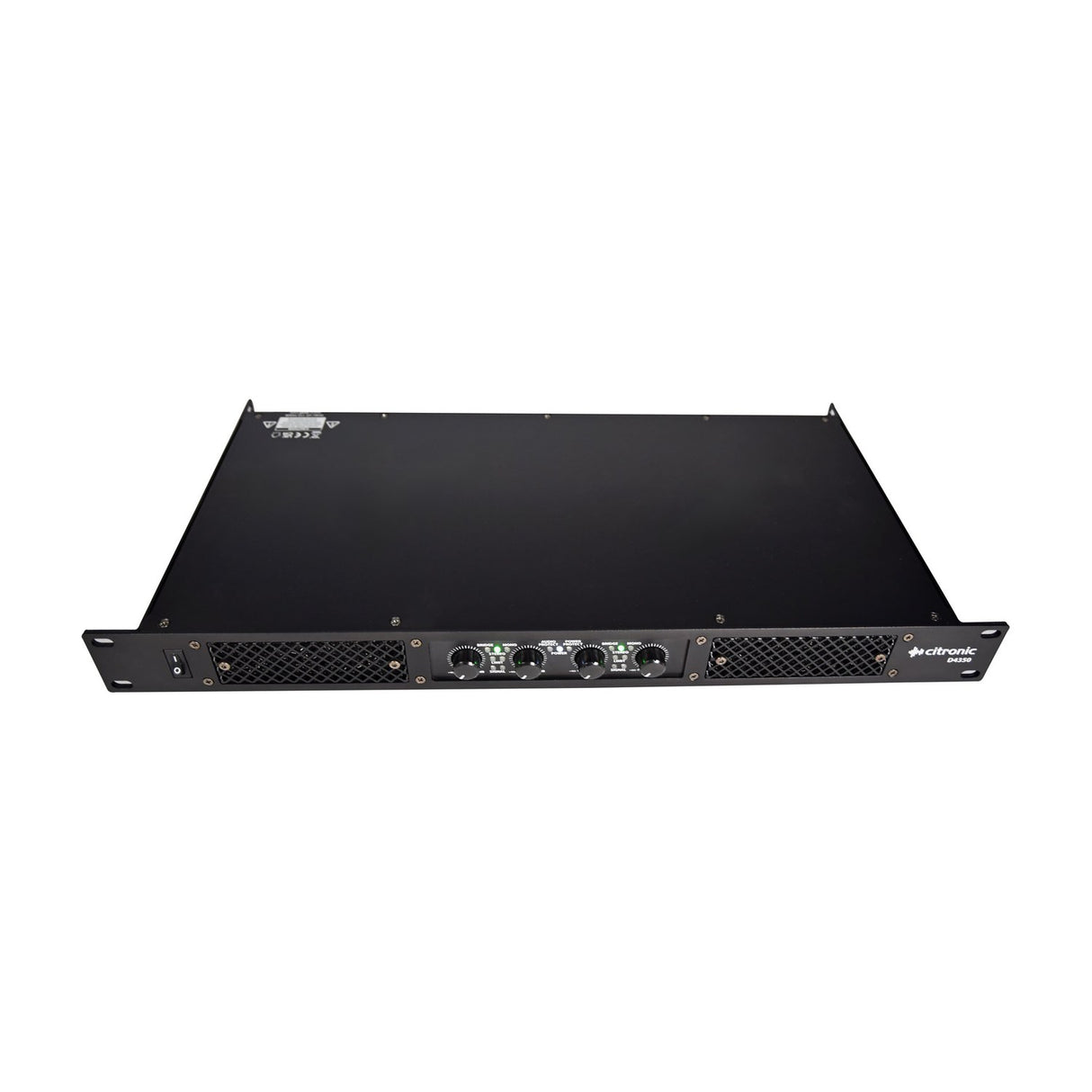 Citronic D4350 1U rack-mount quad power amplifier with four front control knobs, mesh vents, and power switch on a plain white background.