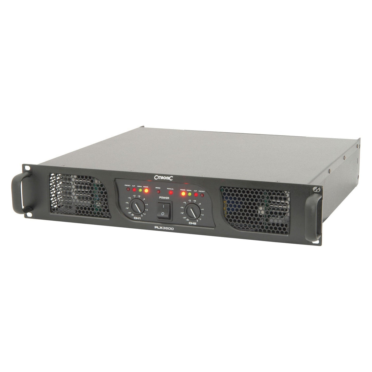 A black Citronic PLX3600 Power Amplifier with the Citronic logo on the front panel features dual fan cooling and class H architecture. It boasts two large dials, numerous red LED indicators, ventilation grills on each side, and sturdy handles on both ends for easy rack mounting.