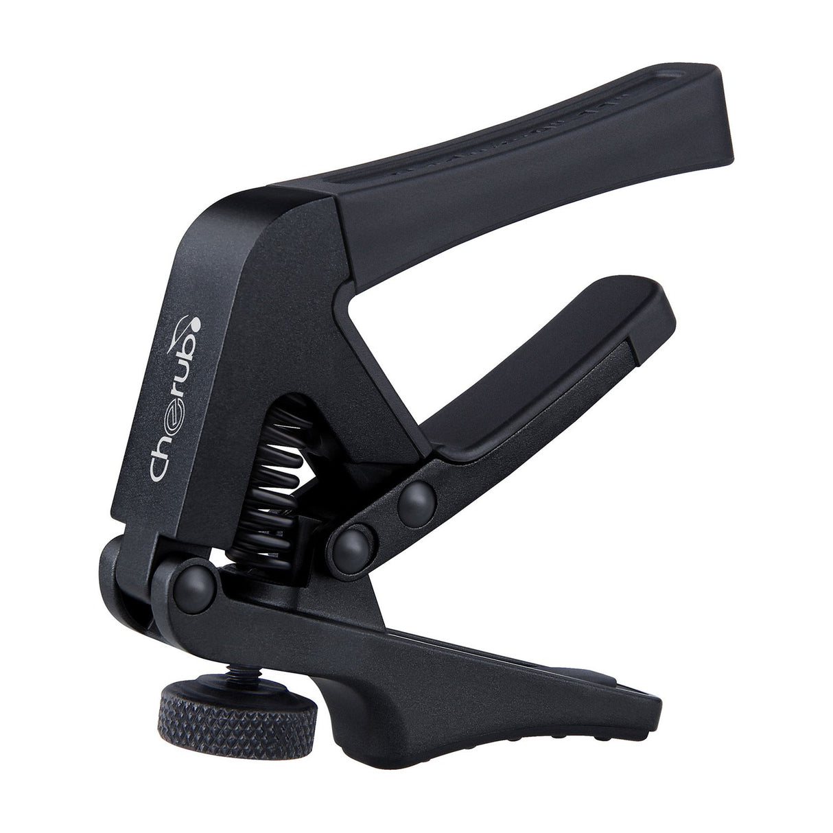 Cherub CGC-1 Gemini adjustable guitar capo in matte black with tension adjustment wheel and quick-release spring mechanism on a white background.