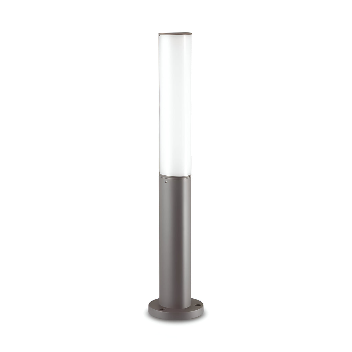 The Glintis Outdoor LED Bollard Light - Anthracite, 4000K, 9.5W showcases a frosted white upper section and a stylish anthracite metallic base, designed with an IP44 rating for robust outdoor performance, and stands vertically on a circular platform.