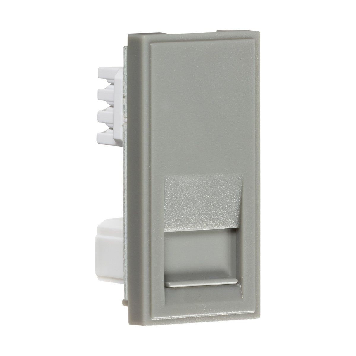 A close-up of the Telephone Secondary Outlet Module 25 X 50mm (IDC) in grey showcases its rectangular design, specifically crafted for integration with euro-module faceplates. The back displays several prongs for connecting, and it is slightly angled to the left to highlight its design and attachment points.