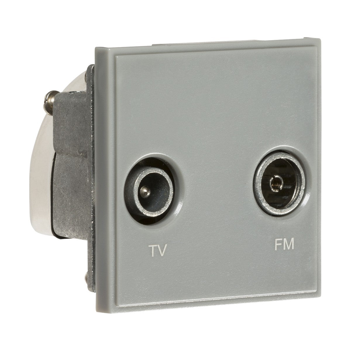 Introducing the Diplexed TV/FM DAB Outlet Module in Gray, a 50 x 50mm wall-mounted socket featuring a low-loss TV aerial outlet and dual coaxial connectors labeled for TV and FM. Its simple and functional faceplate design also accommodates an FM DAB aerial to enhance your audio experience.