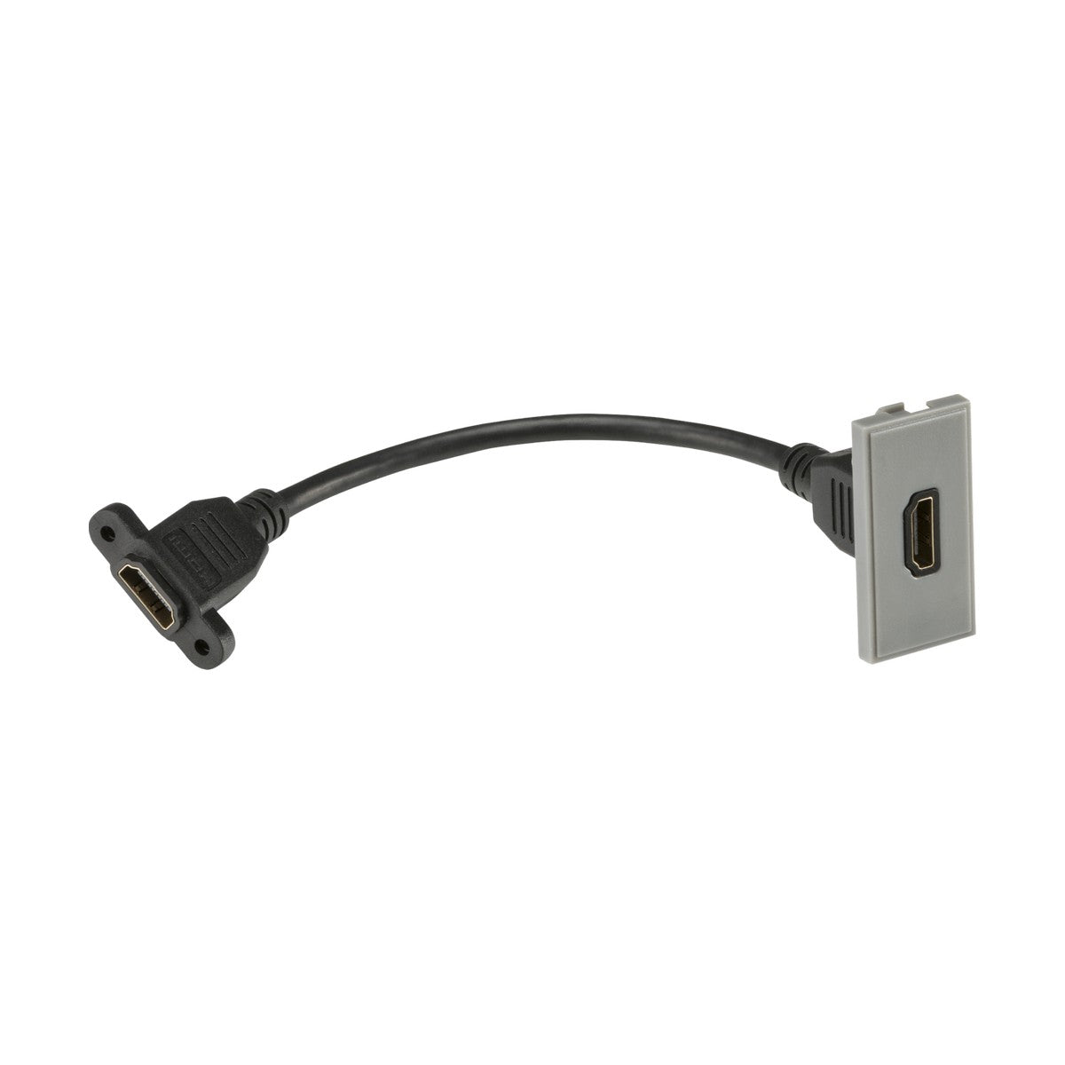 A grey HDMI extension cable, known as the HDMI Outlet Module 25 X 50mm, features an HDMI v1.4 Specification connector on one end and a rectangular wall plate with an HDMI outlet on the other. It is designed for seamless connection through walls and is compatible with euro-module faceplates.