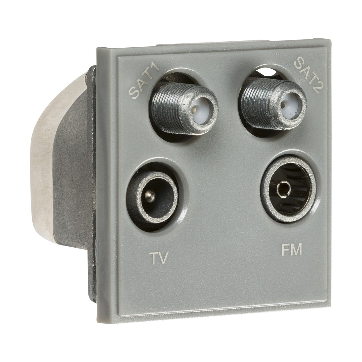The Quadplexed SAT1/SAT2/TV/FM DAB Outlet Module in grey, measuring 50 X 50mm, features a metallic wall plate with four connectors labeled SAT1, SAT2, TV, and FM. It is specifically designed for Sky applications and efficiently facilitates seamless connections for satellite outlets and TV aerials for television and radio use. The plate is subtly angled.