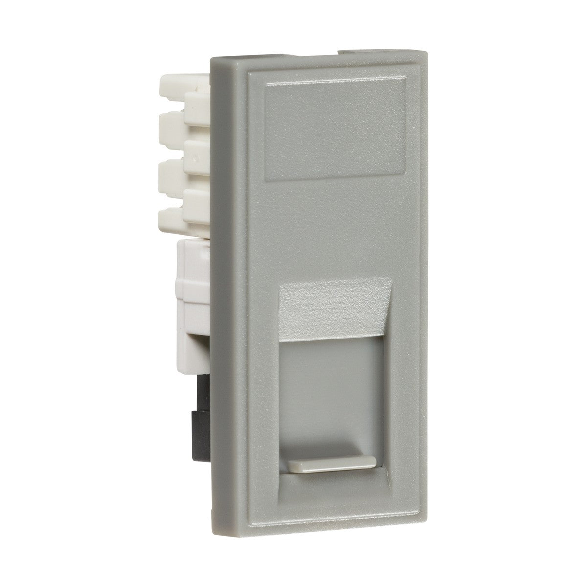 A grey RJ11 Outlet Module measuring 25 x 50mm, designed with a rectangular shape and compact form, seamlessly integrates with euro-module faceplates. This product highlights both functionality and style.