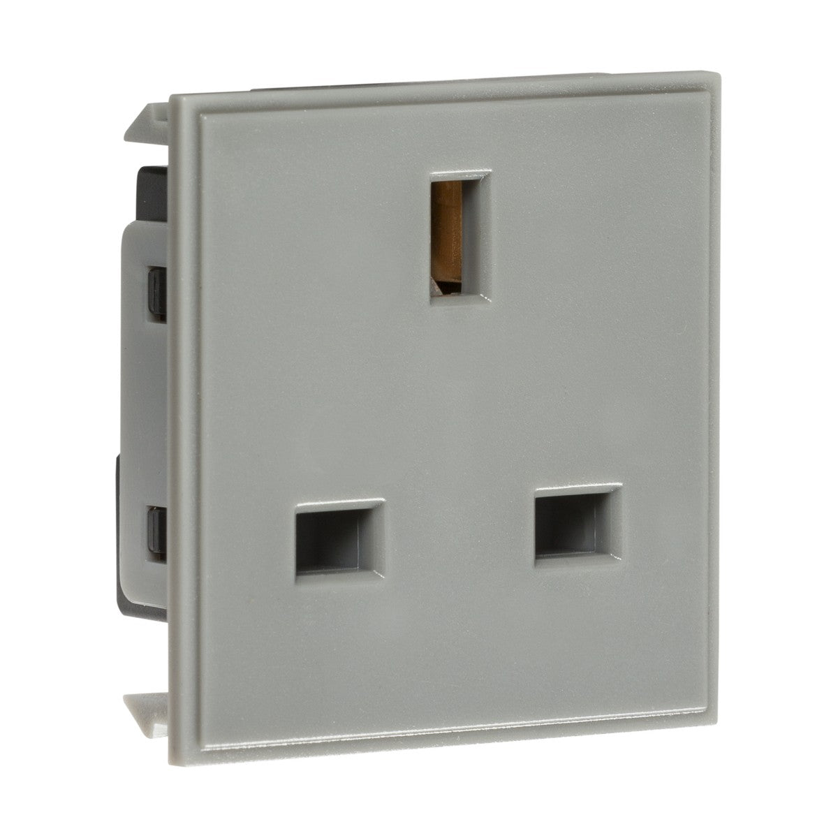 The 13A 1 Gang Unswitched Socket Module (50 x 50mm) features a gray insert with three rectangular holes, beveled edges, and a square design for seamless integration into euro-module faceplates—perfect for walls or panels in any modular electrical system.