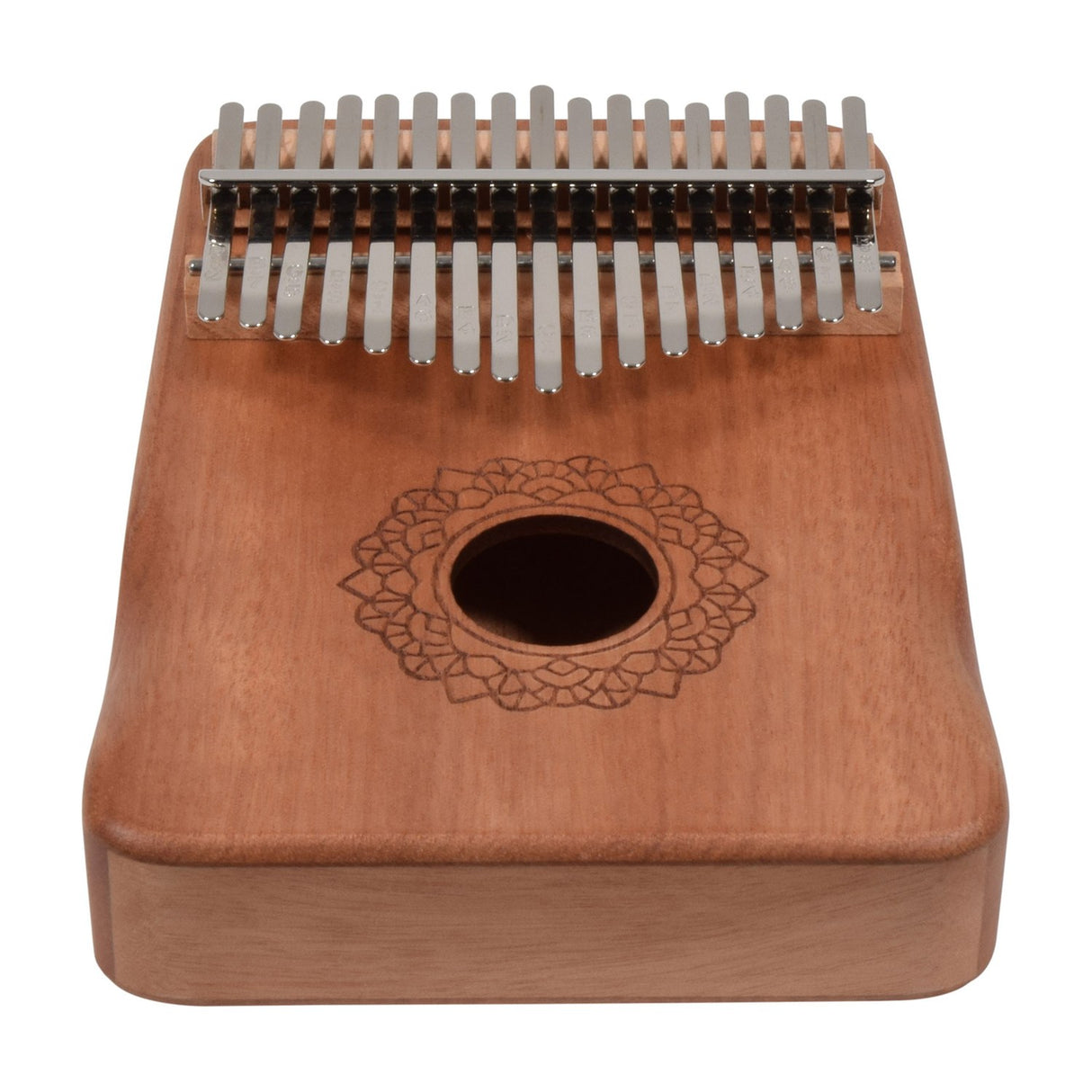 Chord KALIMBA-O17C 17-key thumb piano with carved okoume wood body, metal tines, and decorative rosette sound hole, shown on a white background.