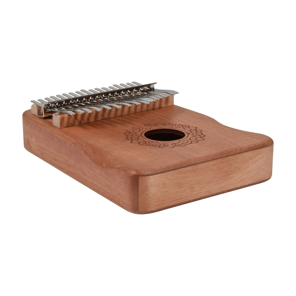 Chord KALIMBA-O17C 17-key okoume thumb piano with metal tines and a carved rosette sound hole, shown at an angle on a white background.
