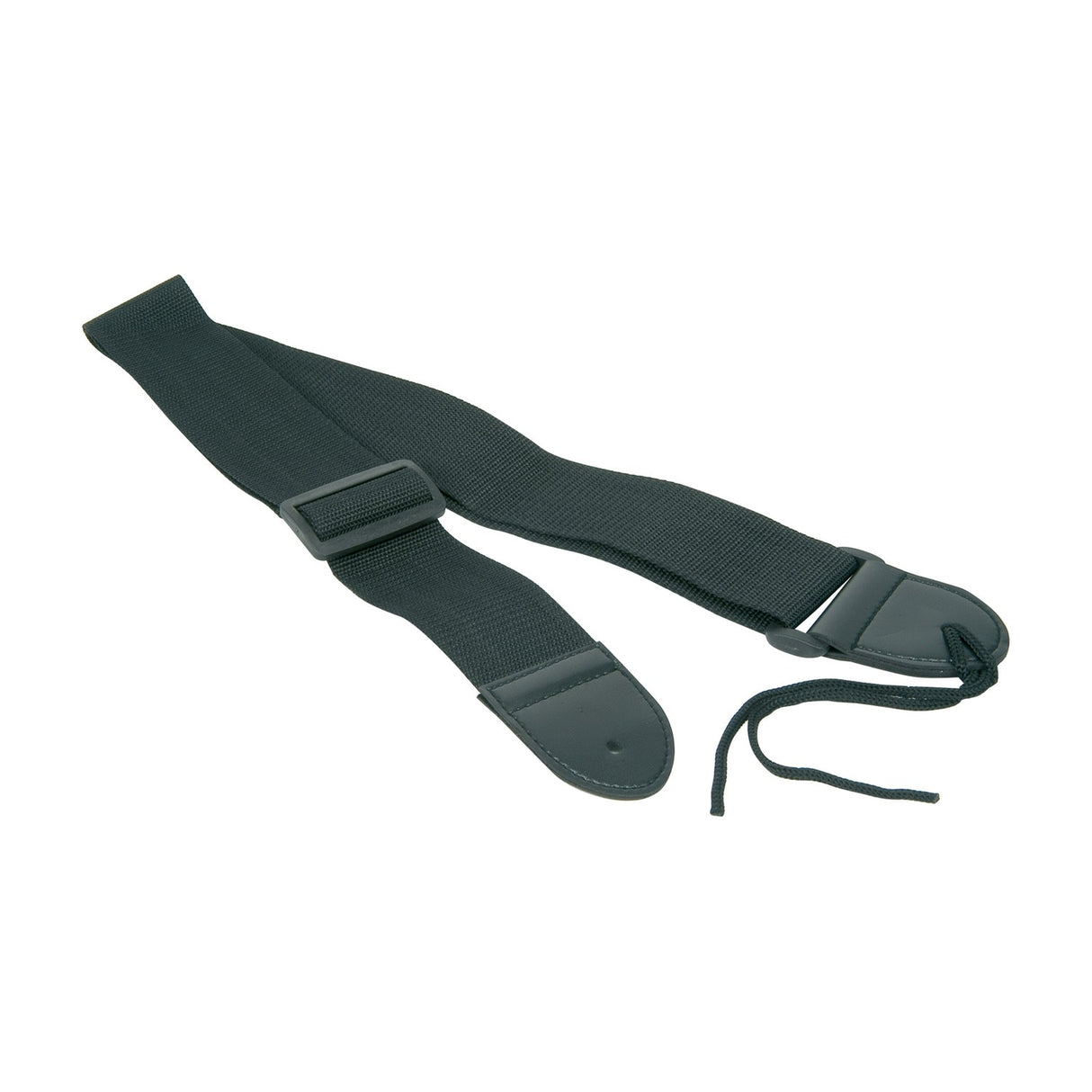 Chord STP-B1 Adjustable Guitar Strap in black synthetic webbing with plastic slider, leather-style end tab and tie cord, shown on a white background.