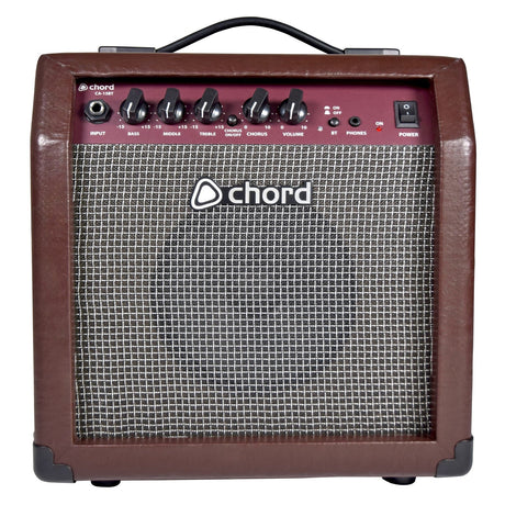 The Chord CA-15BT Acoustic Amp + Bluetooth, featuring a brown finish and a mesh front panel, offers a 3-band EQ control system for bass, mid, treble, volume, and effects. It includes built-in Bluetooth connectivity and a convenient handle on top. The brand name "Chord" is prominently displayed.