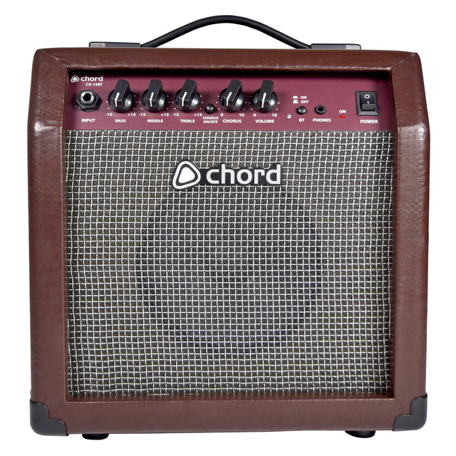 The Chord CA-15BT Acoustic Amp + Bluetooth, featuring a brown finish and a mesh front panel, offers a 3-band EQ control system for bass, mid, treble, volume, and effects. It includes built-in Bluetooth connectivity and a convenient handle on top. The brand name "Chord" is prominently displayed.