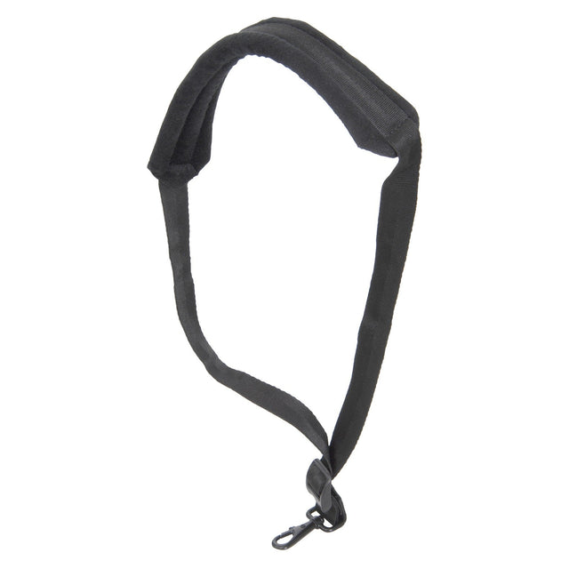 The Chord Saxophone Neck Strap is black and padded, featuring an adjustable clasp and a hook at one end, designed for comfortably carrying your camera.