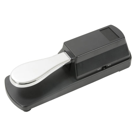 The Chord SP2 Sustain Pedal is a gray electronic piano accessory with a chrome footrest and black base, featuring dual polarity switches labeled N.O. and N.C. on the side—ideal for keyboards.
