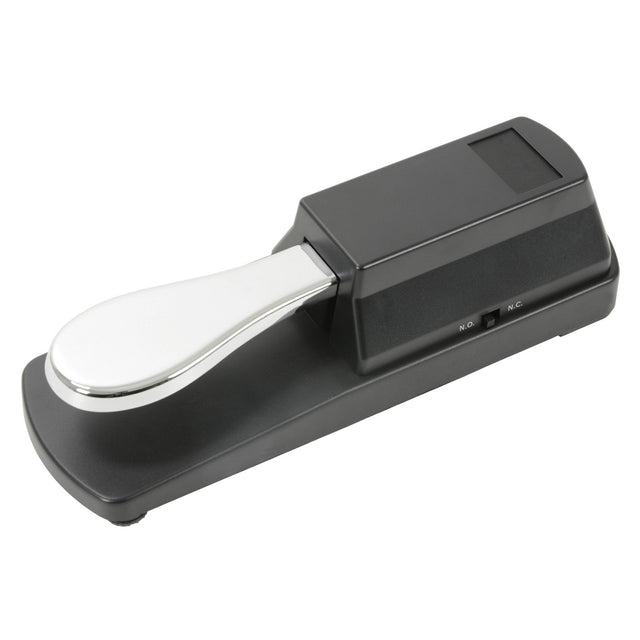 The Chord SP2 Sustain Pedal is a gray electronic piano accessory with a chrome footrest and black base, featuring dual polarity switches labeled N.O. and N.C. on the side—ideal for keyboards.
