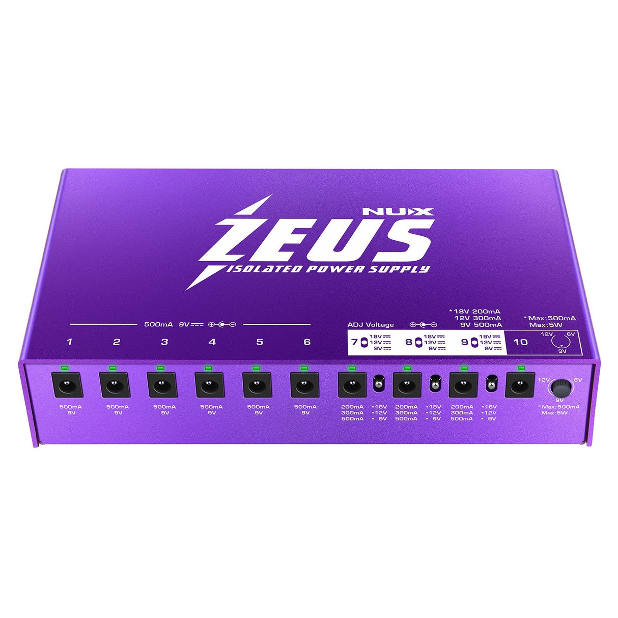 The NU-X Zeus Guitar Pedal Power Supply in purple offers 10 clearly labeled isolated outputs that provide different voltages and amperages, helping to reduce noise when powering your musical equipment. It features a slanted top surface with branding and specifications in white.