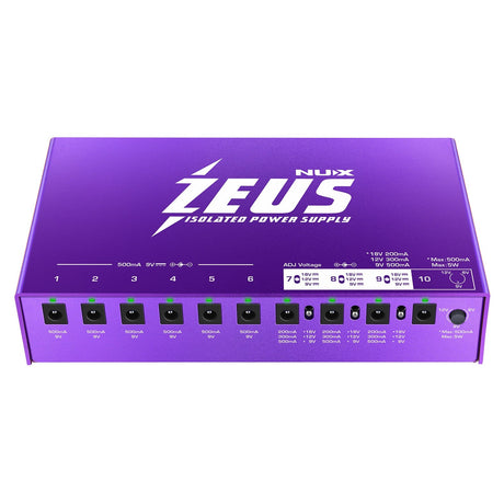 The NU-X Zeus Guitar Pedal Power Supply in purple offers 10 clearly labeled isolated outputs that provide different voltages and amperages, helping to reduce noise when powering your musical equipment. It features a slanted top surface with branding and specifications in white.