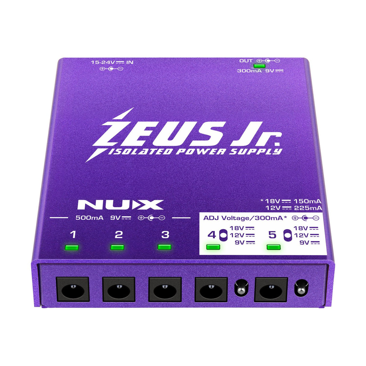 NU-X Zeus Jr. Isolated Pedal Power Supply in purple metal casing with six DC outputs, five green status LEDs, and voltage selector switches.