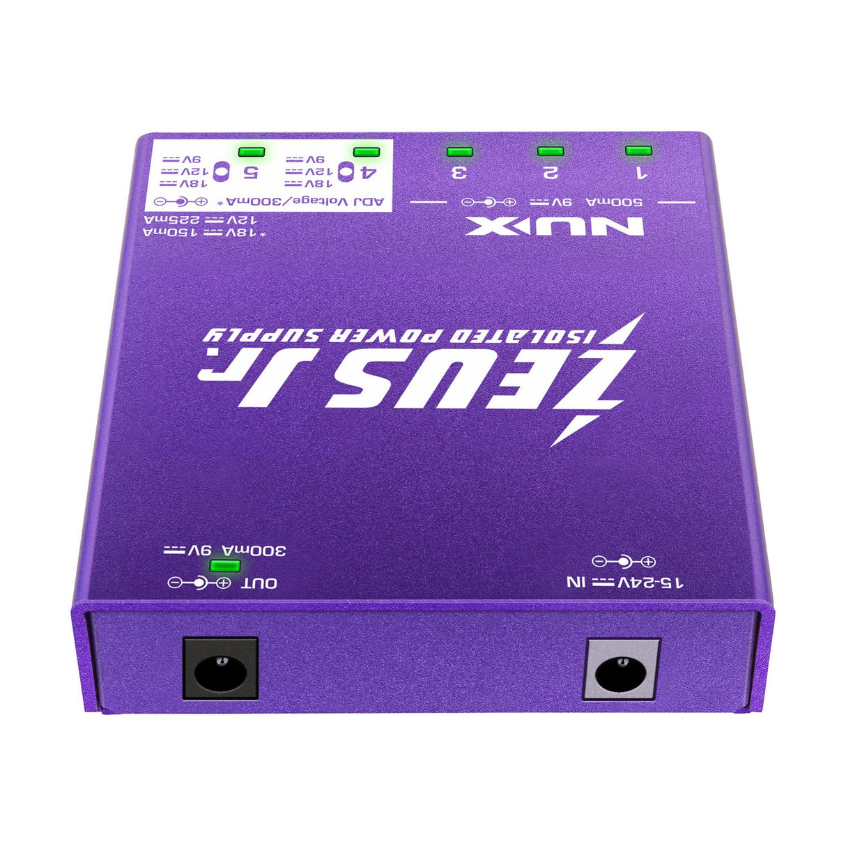 NU-X Zeus Jr. isolated pedal power supply in purple, shown upside down with input and output DC jacks visible on the end panel.
