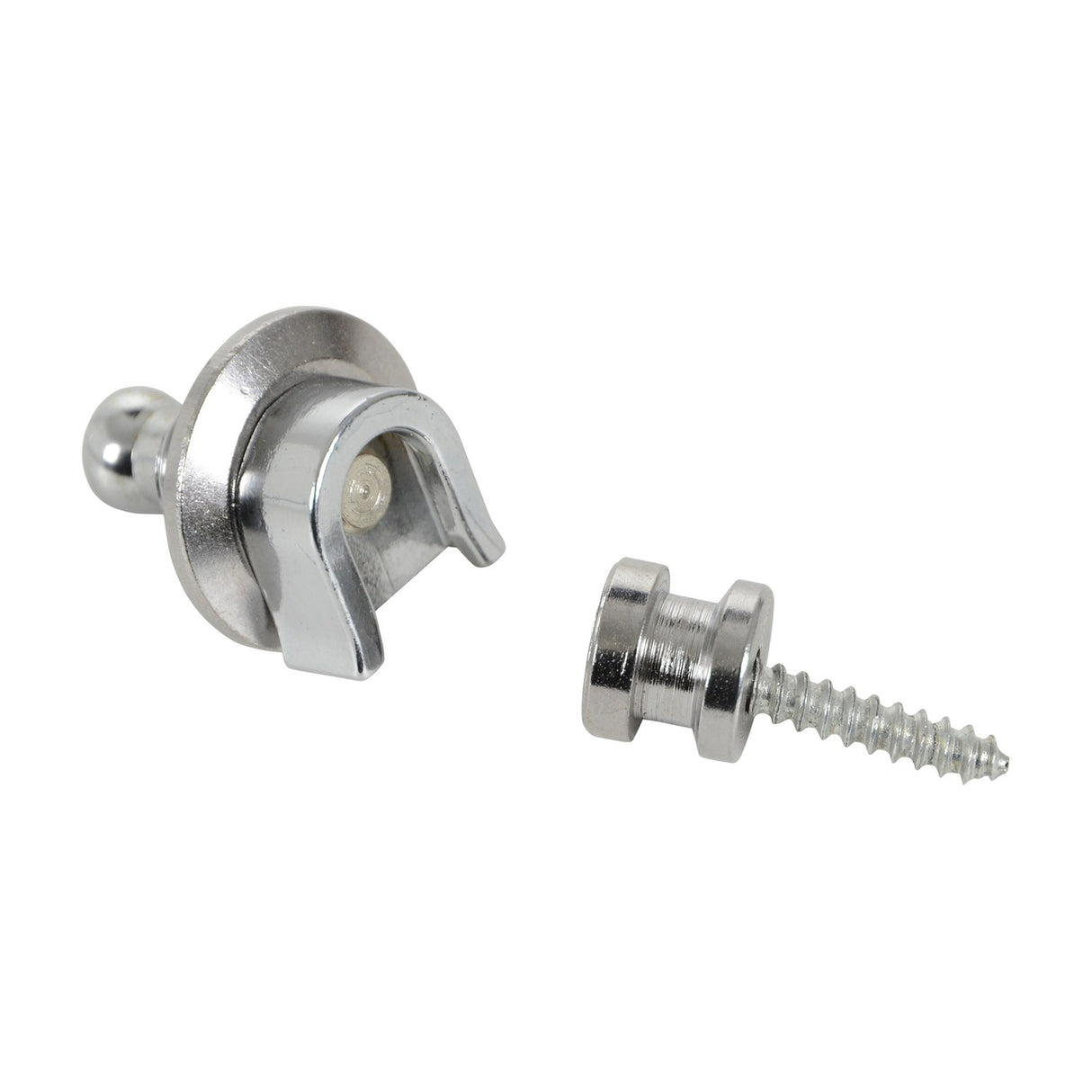 Chord SL2-C chrome guitar strap locks by AVSL, showing the spring-loaded locking mechanism and matching strap button with mounting screw on a white background.